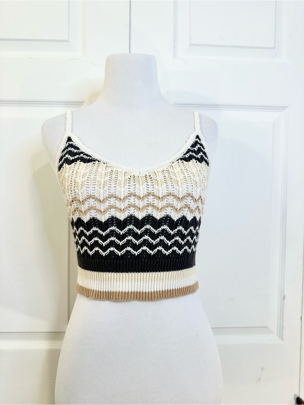 American Eagle Crochet Knit Striped Crop Tank Top - Black, Cream & Tan S
